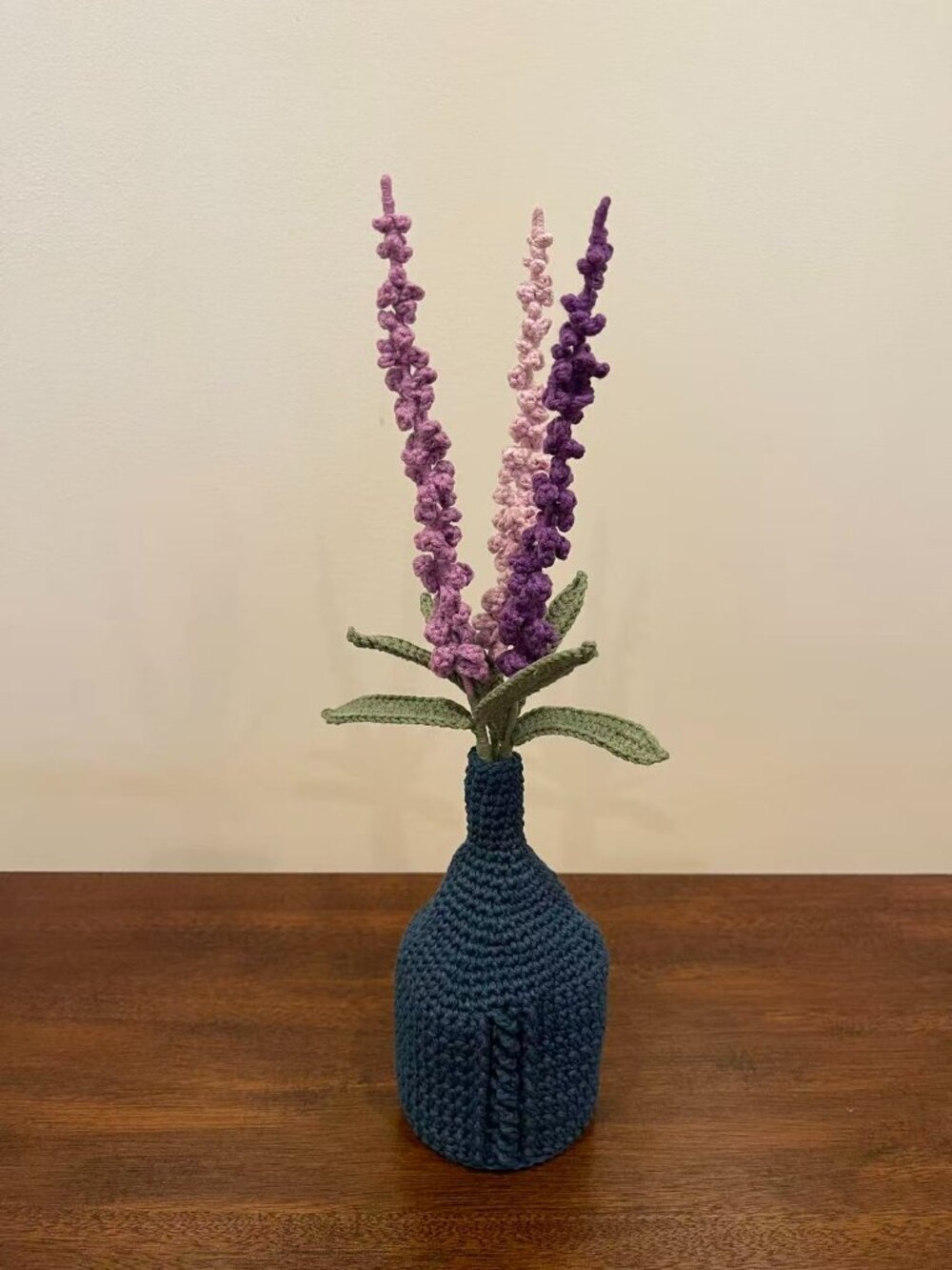 Handmade Crochet Deep Blue Art Vase with Lavender Flowers Unique Home Decor